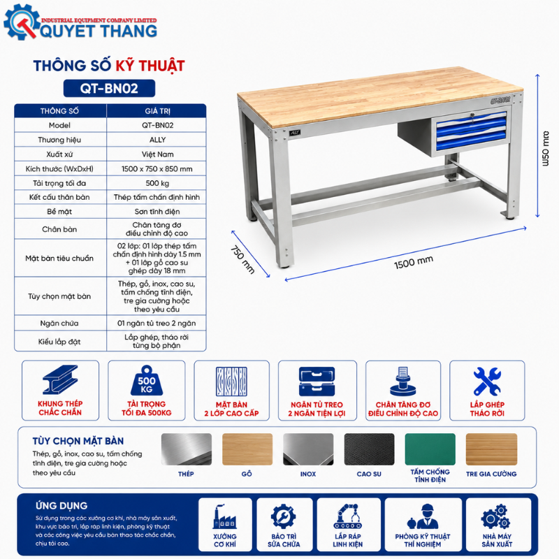 Thông số kỹ thuật bàn nguội cơ khí 500 kg ALLY QT-BN02