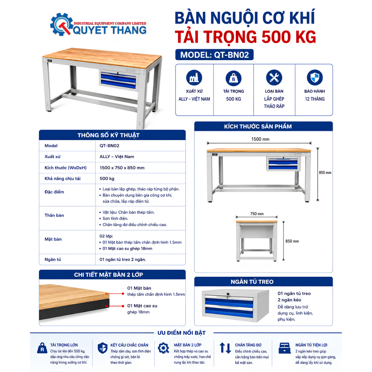 Bàn Nguội Cơ Khí 500kg ALLY QT-BN02 - Ảnh 3