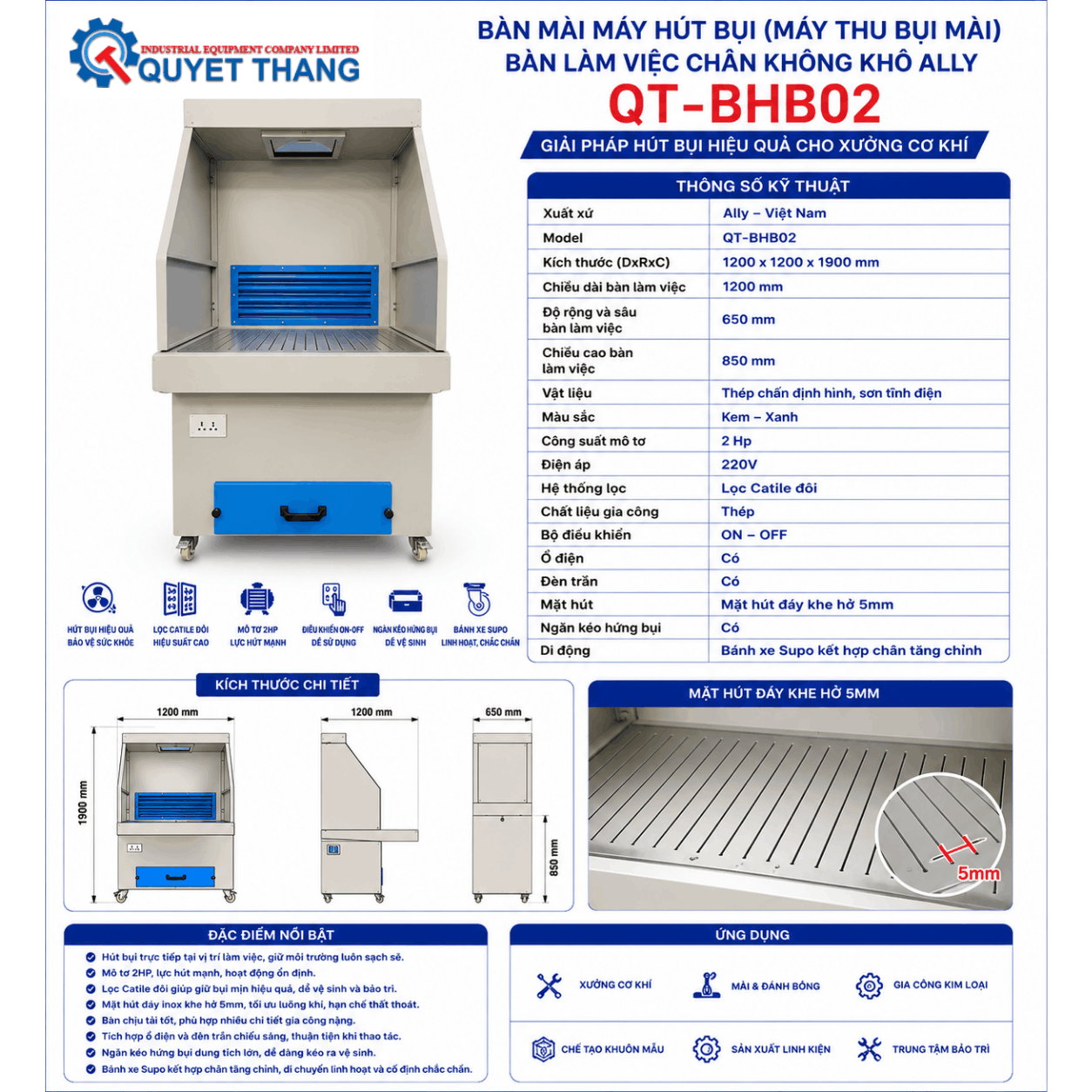 Thông Số Kĩ Thuật Của Bàn Hút Bụi Công Nghiệp Cho Mài Kim Loại, Đánh Bóng Gỗ QT-ALLY QT-BHB02