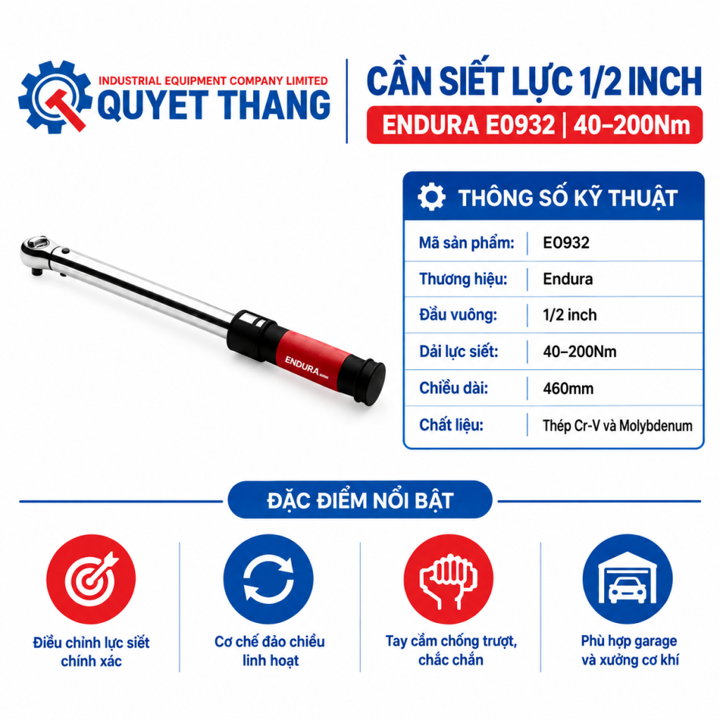 Thông số lỹ thuật Cần Siết Lực 1/2 Inch Endura E0932 40–200Nm