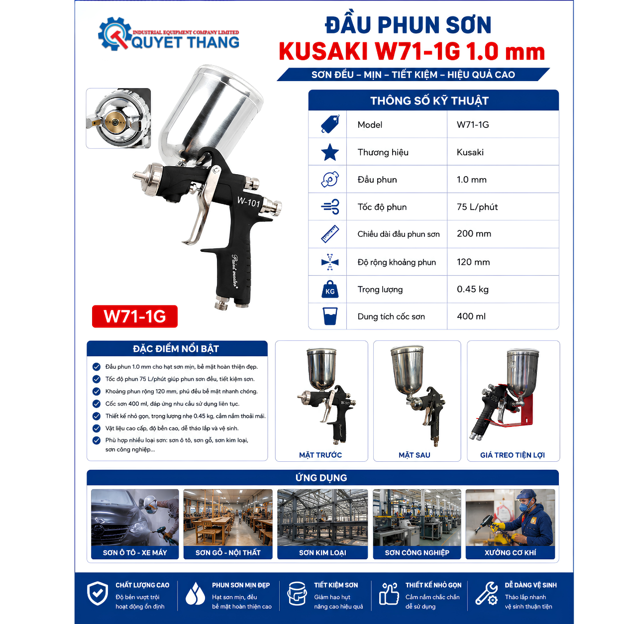 Đầu Phun Sơn Kusaki W71-1G 1.0 mm - Ảnh 4