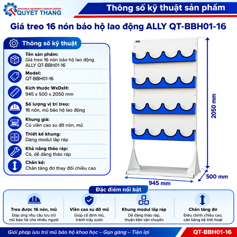 Thông số kĩ thuật của giá treo 16 nón bảo hộ lao động ALLY QT-BBH01-16
