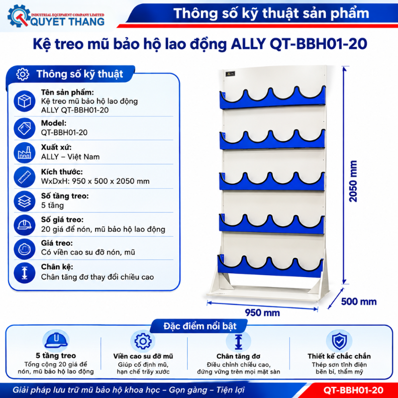 Thông số kĩ thuật của Kệ treo mũ bảo hộ lao động ALLY QT-BBH01-20
