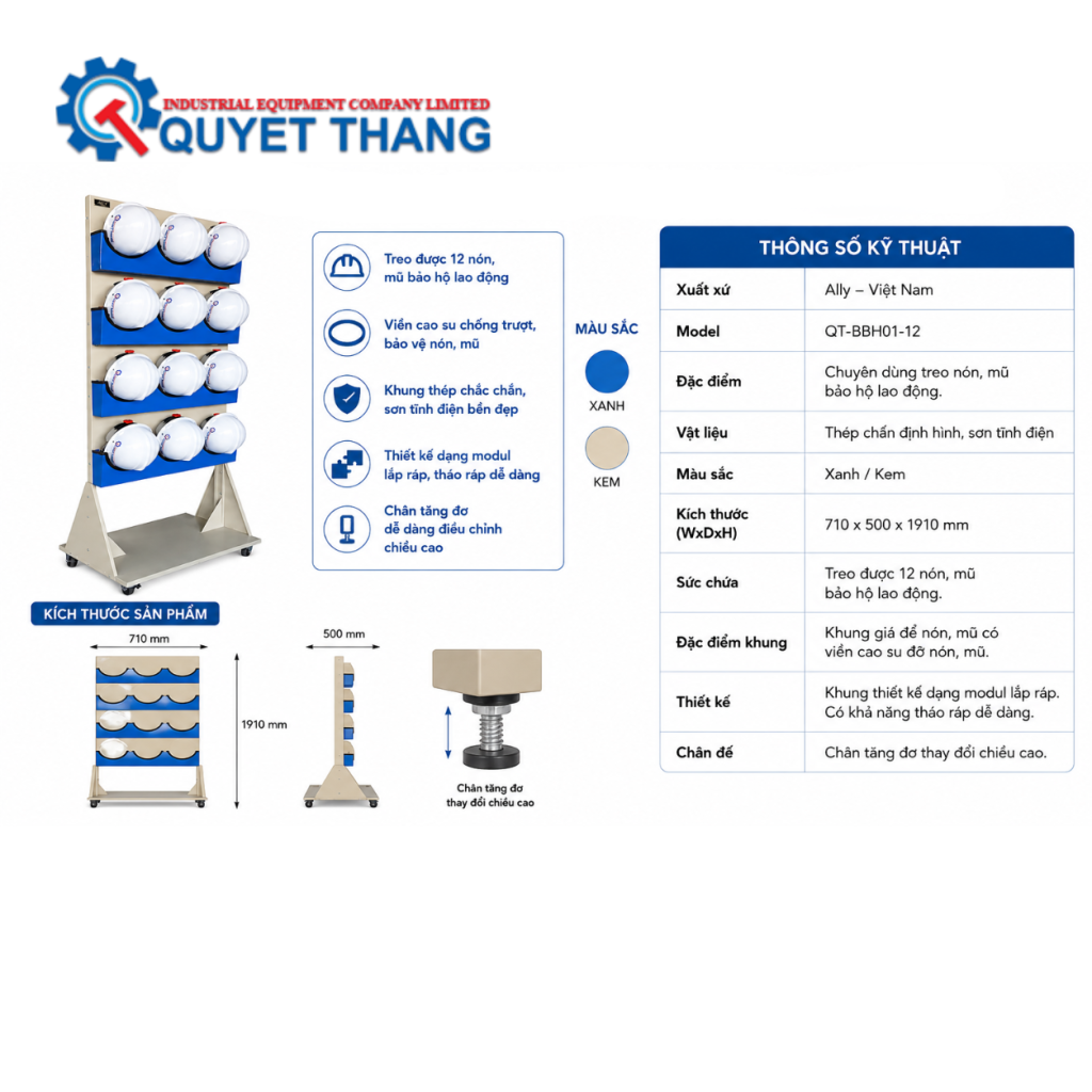 Thông số kĩ thuật của Kệ treo nón bảo hộ lao động 12 nón ALLY QT-BBH01-12