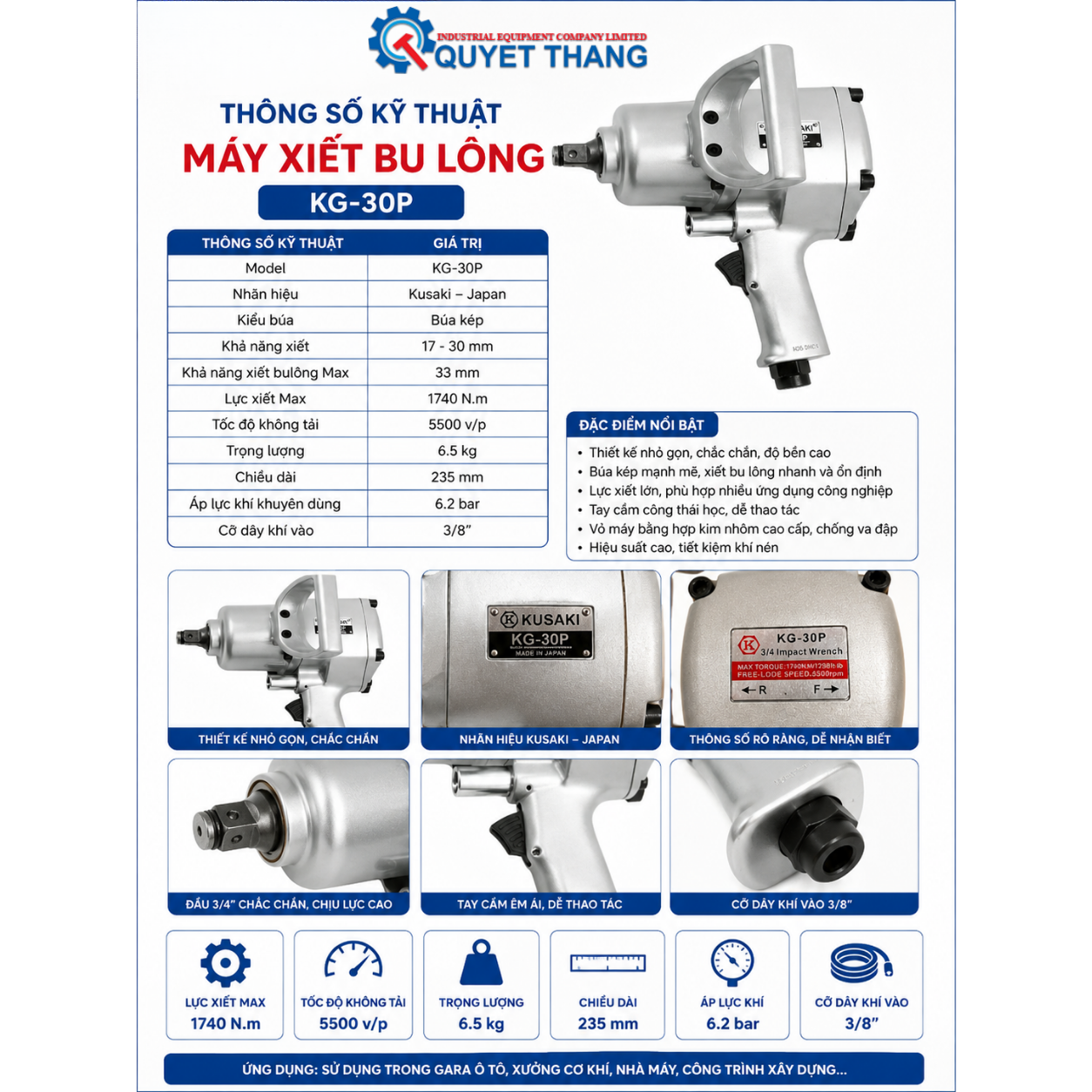 Máy xiết bu lông 3/4" chuyên làm nhíp KUSAKI KG-30P - Ảnh 6