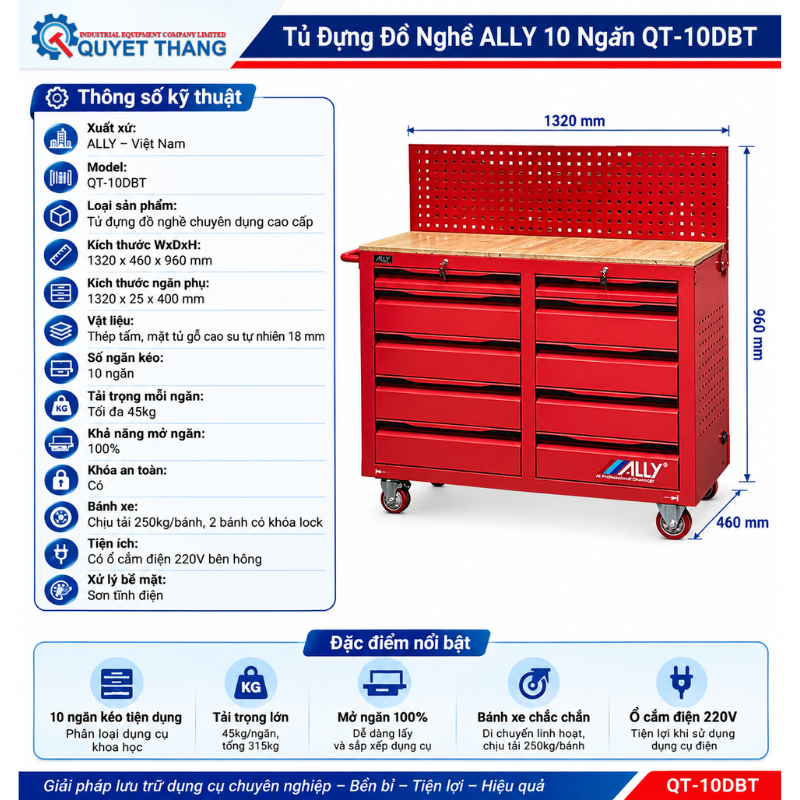 Thông số kĩ thuật của tủ đựng đồ nghề ALLY 10 ngăn QT-10DBT