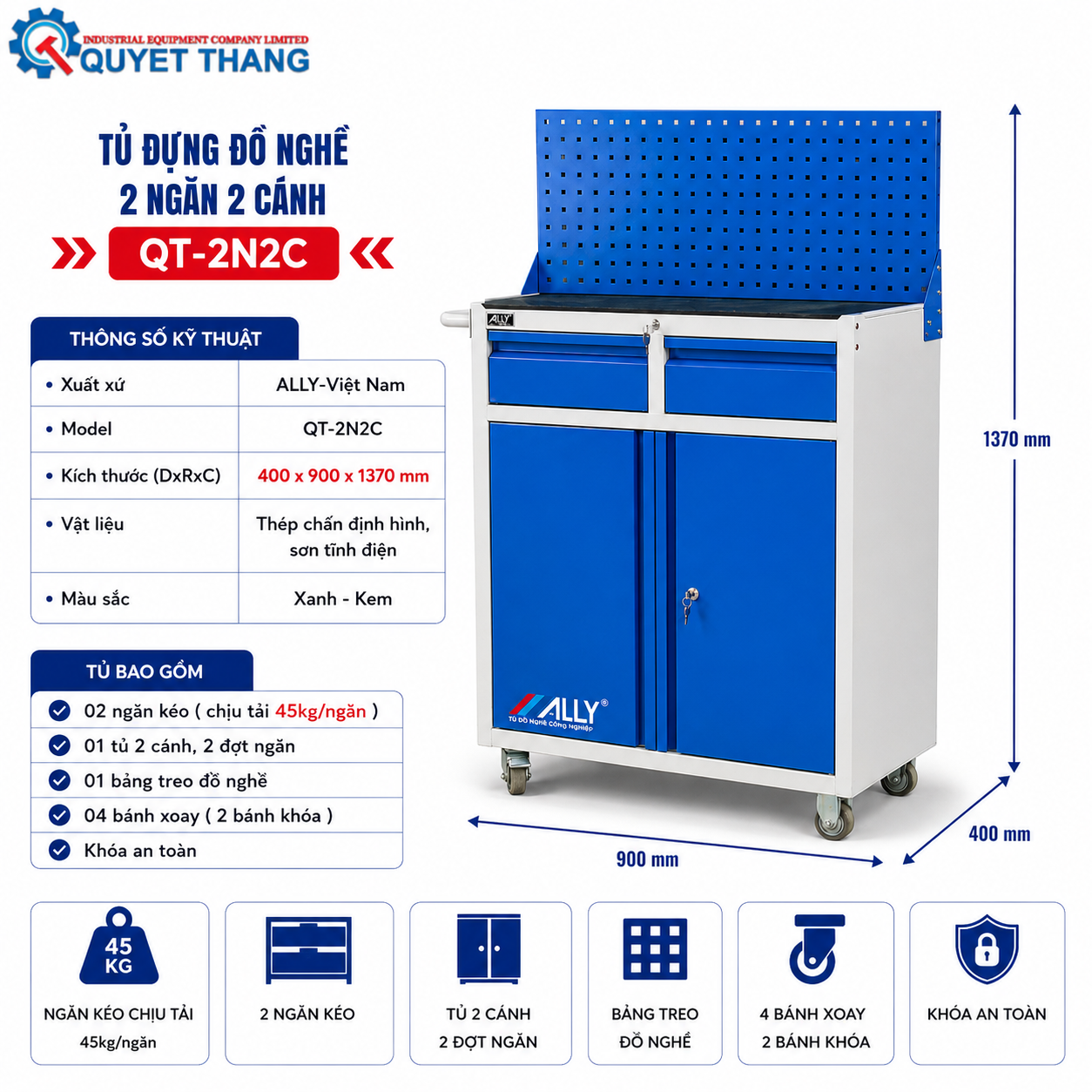 Thông số kỹ thuật Tủ đựng đồ nghề ALLY QT-2N2C