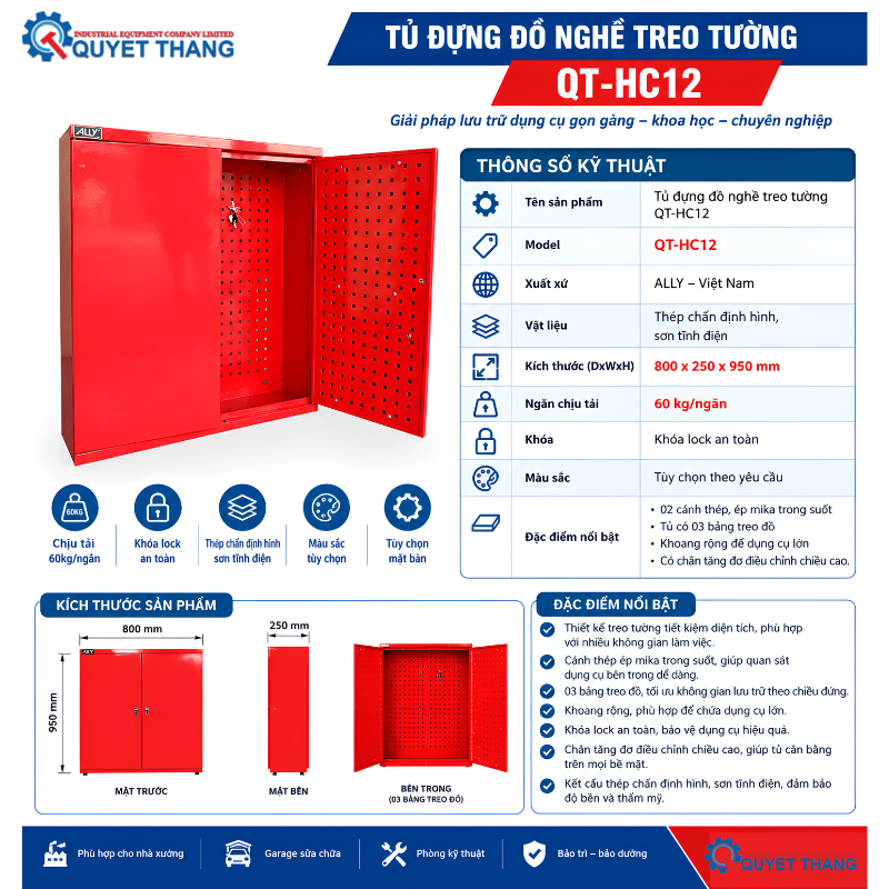 Thông số kĩ thuật của Tủ Đựng Đồ Nghề Treo Tường QT-HC12