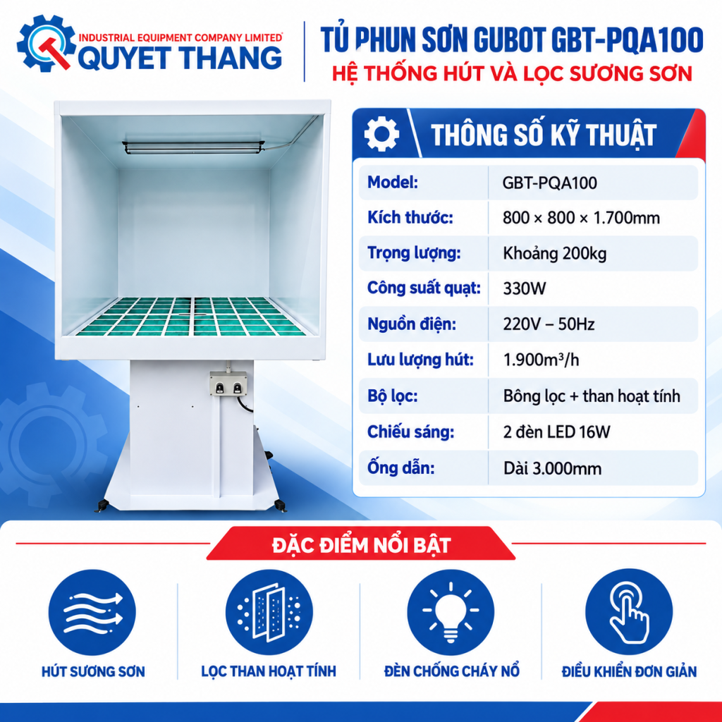 Thông số kỹ thuật tủ phun sơn có hệ thống hút lọc