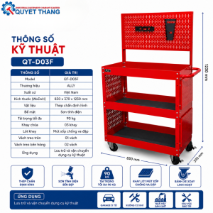 Thông số kỹ thuật Xe đẩy dụng cụ 3 ngăn có giá treo ALLY QT-D03F