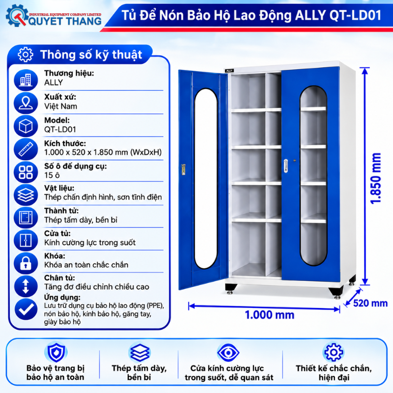 Thông số kĩ thuật của Tủ Để Nón Bảo Hộ Lao Động ALLY QT-LD01