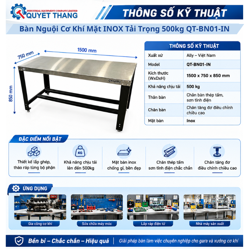 Thông Số Kĩ Thuật của Bàn Nguội Cơ Khí Mặt INOX Tải Trọng 500kg QT-BN01-IN