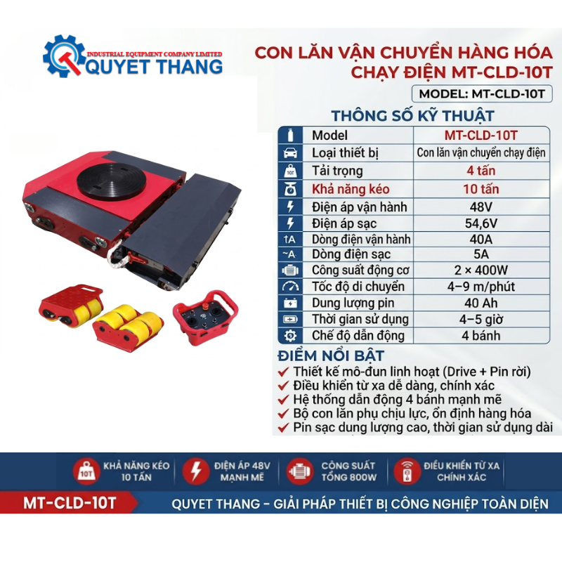 Thông Số Kĩ Thuật Của Con Lăn Vận Chuyển Hàng Hóa Chạy Điện MT-CLD-10T