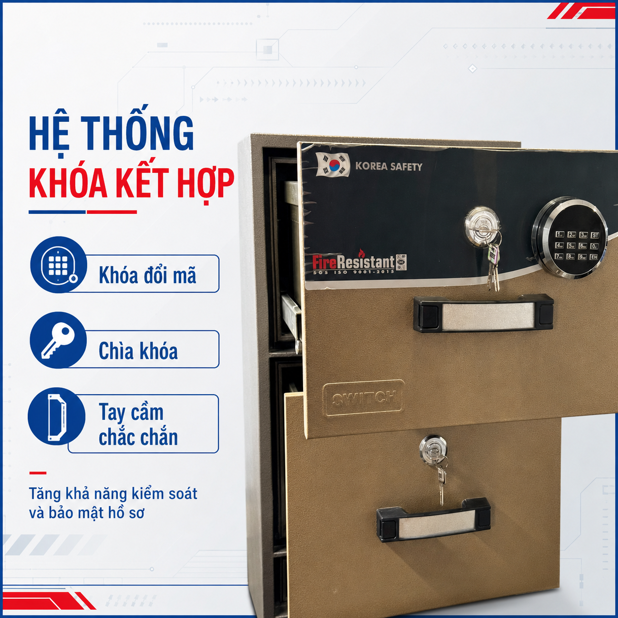 Hệ thống khóa đổi mã, chìa khóa và tay cầm của tủ hồ sơ chống cháy