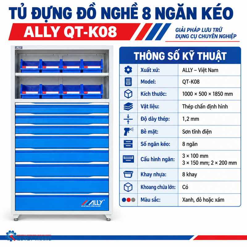 Thông số kỹ thuật Tủ đựng đồ nghề 8 ngăn kéo ALLY QT-K08